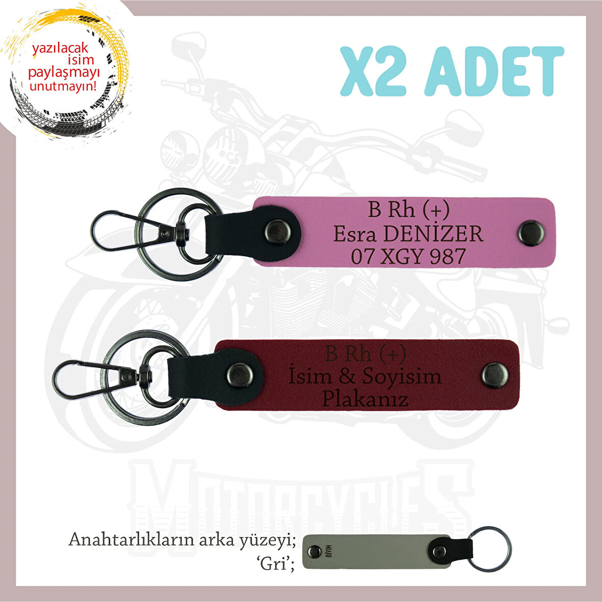 Doğum Gününe, İsim Plaka ve B Rh (+) Kan Grubu Yazılı Hediyelik, Deri x2 Anahtarlık, Pembe-Bordo-Gr