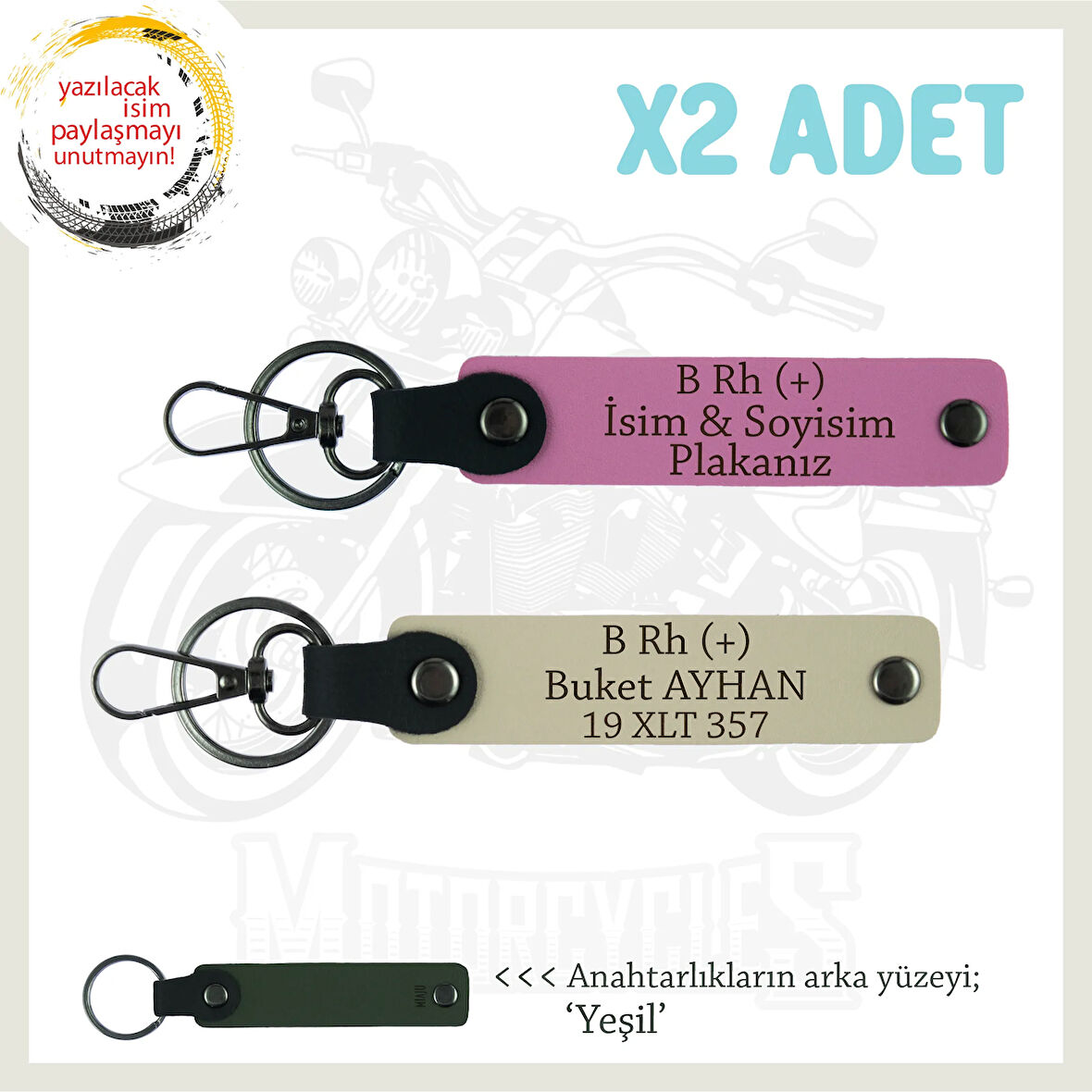 Motorcu Dostlara Özel, İsim Plaka ve B Rh (+) Kan Grubu Yazılı Deri x2 Anahtarlık, Pembe-S Kahve-Ysl