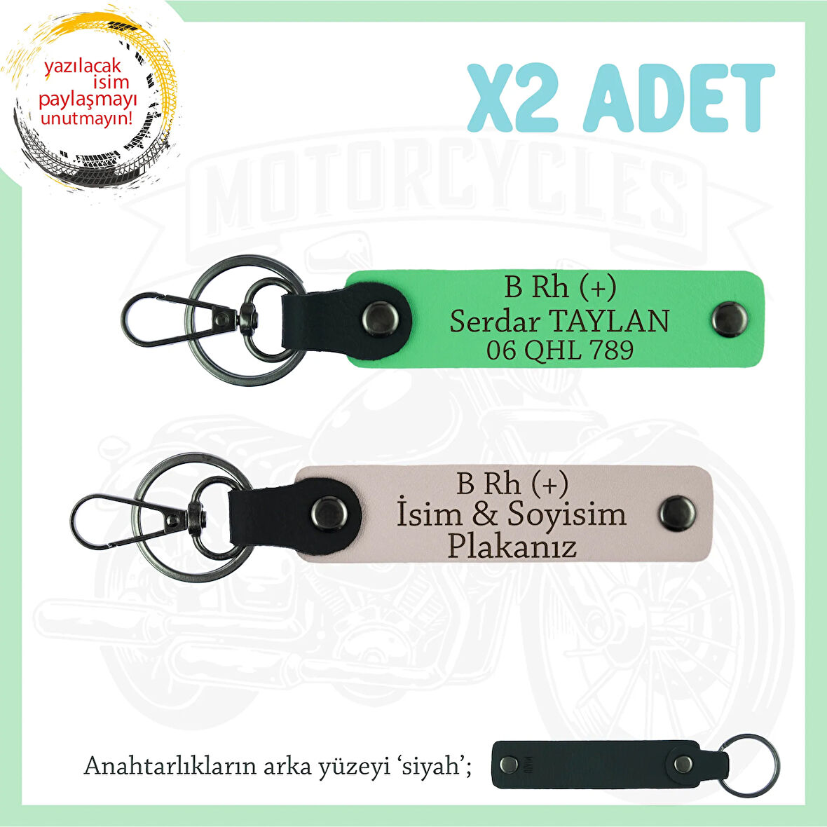 Hız Severlere Özel, İsim Plaka ve B Rh (+) Kan Grubu Yazılı Deri 2'li Anahtarlık, Pudra-F Yeşil-Syh