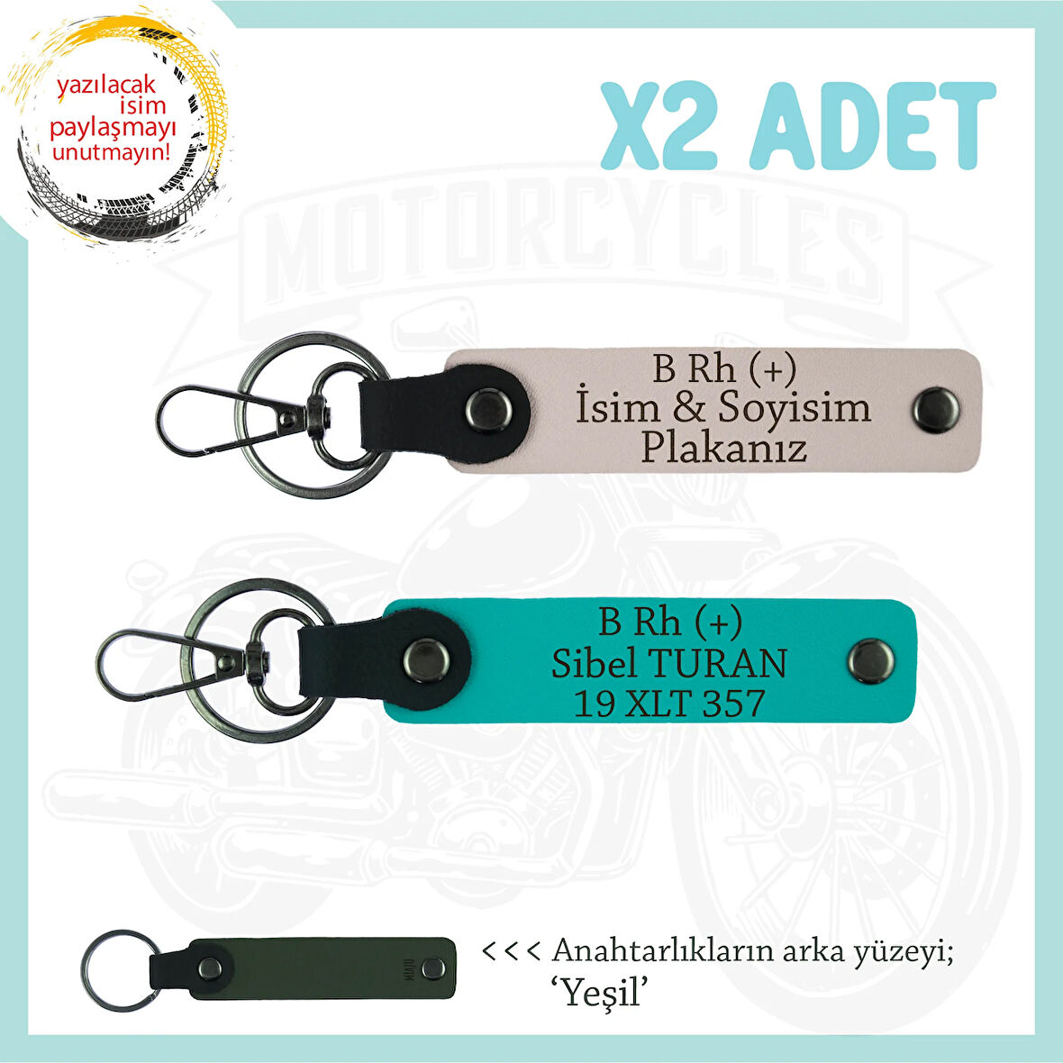 Yol Arkadaşlarına Özel, İsim Plaka ve B Rh (+) Kan Grubu Yazılı x2 Anahtarlık, Pudra-K Turkuaz-Ysl