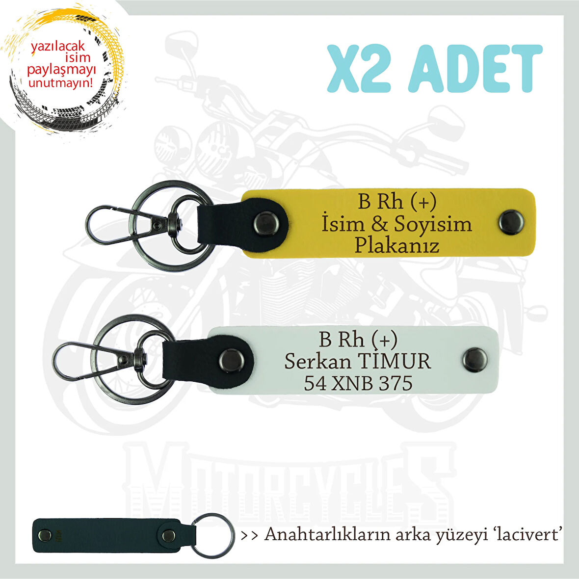 Sürücülere Özel, İsim Plaka ve B Rh (+) Kan Grubu Yazılı Hediye x2 Set Anahtarlık , Sarı-Beyaz-Laci