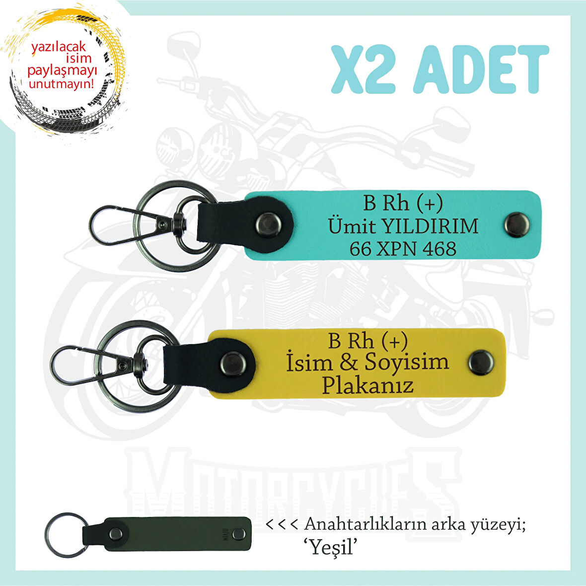 Motor Severlere İsim Plaka ve B Rh (+) Kan Grubu Yazılı Özel Tasarım x2 Anahtarlık, Sarı-Turkuaz-Ysl