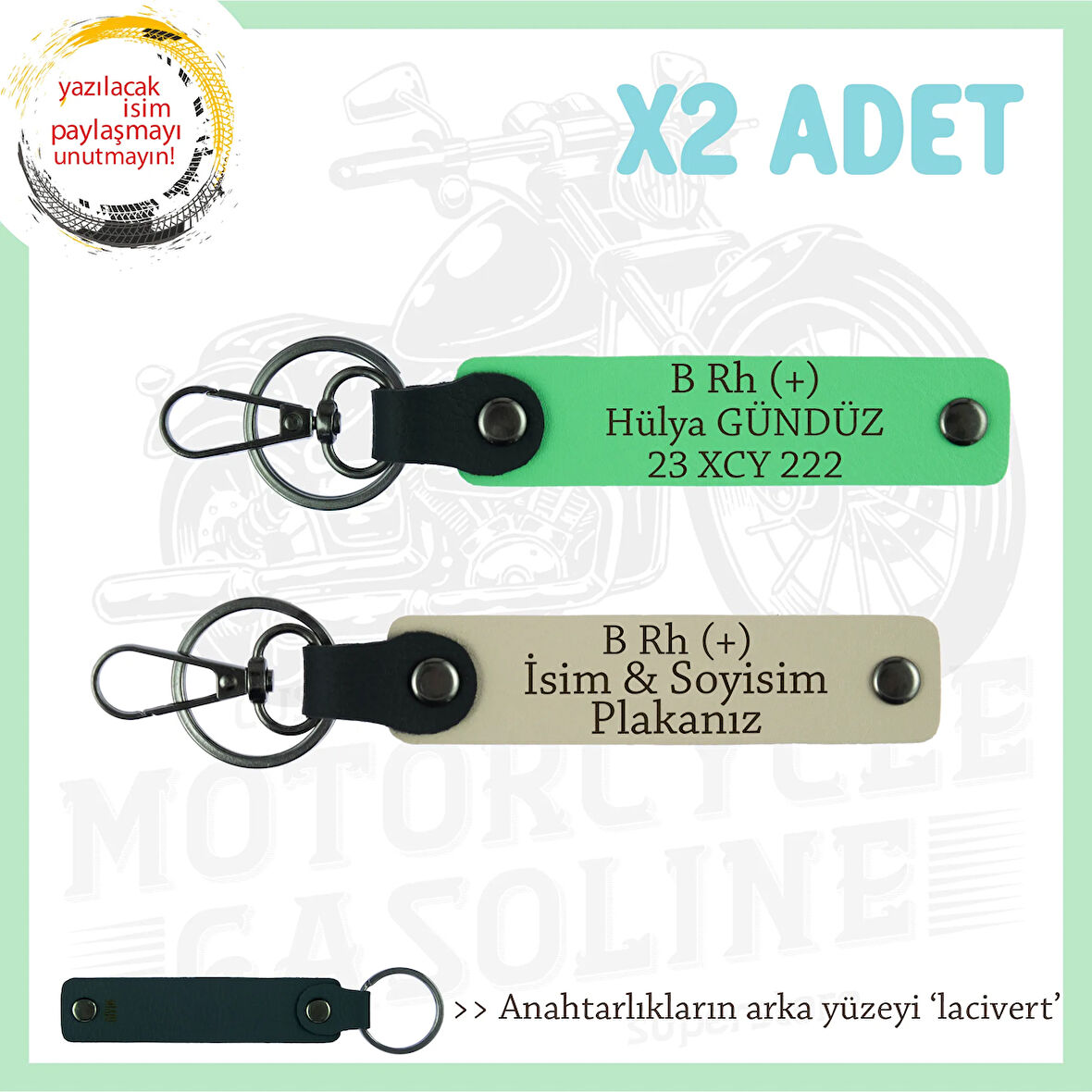Motorcu Tarzı Plakalı & İsimli Deri x2' li Anahtarlık,  B Rh (+) Kan Grubu ile, S Kahve-F Yeşil-Laci