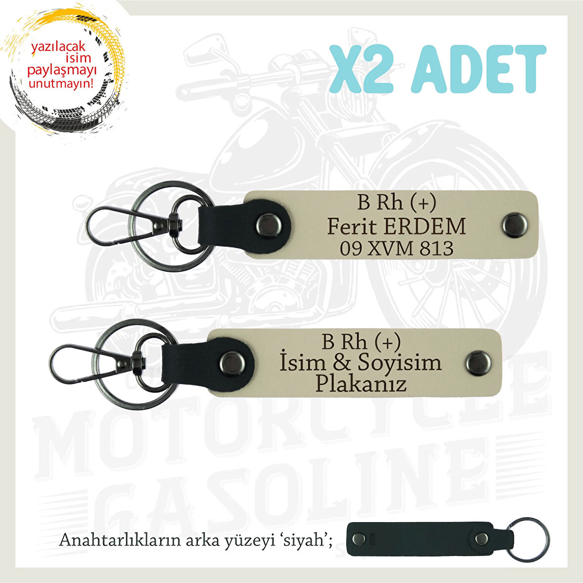Yol Tutkunlarına Özel, İsim Plaka ve B Rh (+) Kan Grubu Yazılı Kişisel x2 Anahtarlık, S Kahve-Syh