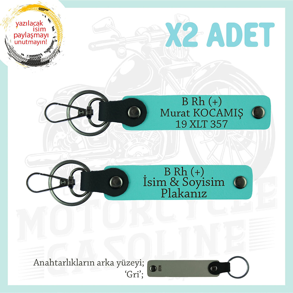 Motor Plakan, İsmin Anahtarlığında! İsim Plaka, B Rh (+) Kan Grubu Yazılı x2 Anahtarlık, Turkuaz-Gr