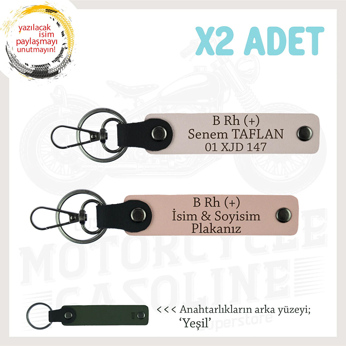 Hız Severlere Özel, İsim Plaka ve B Rh (+) Kan Grubu Yazılı x2 Anahtarlık Set, Yavruağzı-Pudra-Ysl