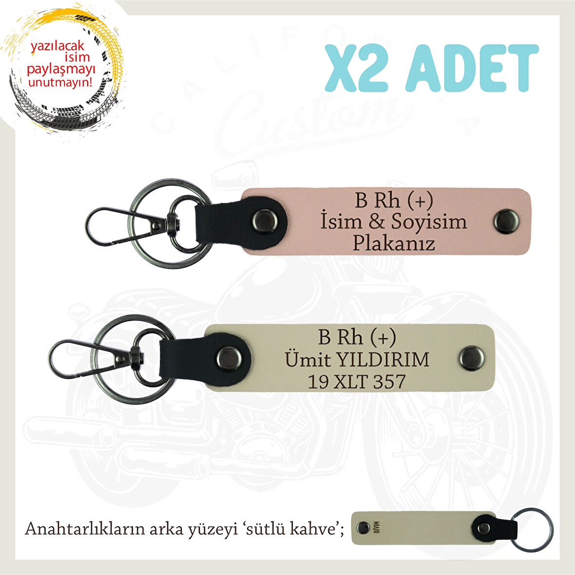 Motosiklet Severler İçin İsim Plaka ve B Rh (+) Kan Grubu Yazılı x2 Anahtarlık, Yavruağzı-S Kahve-SK