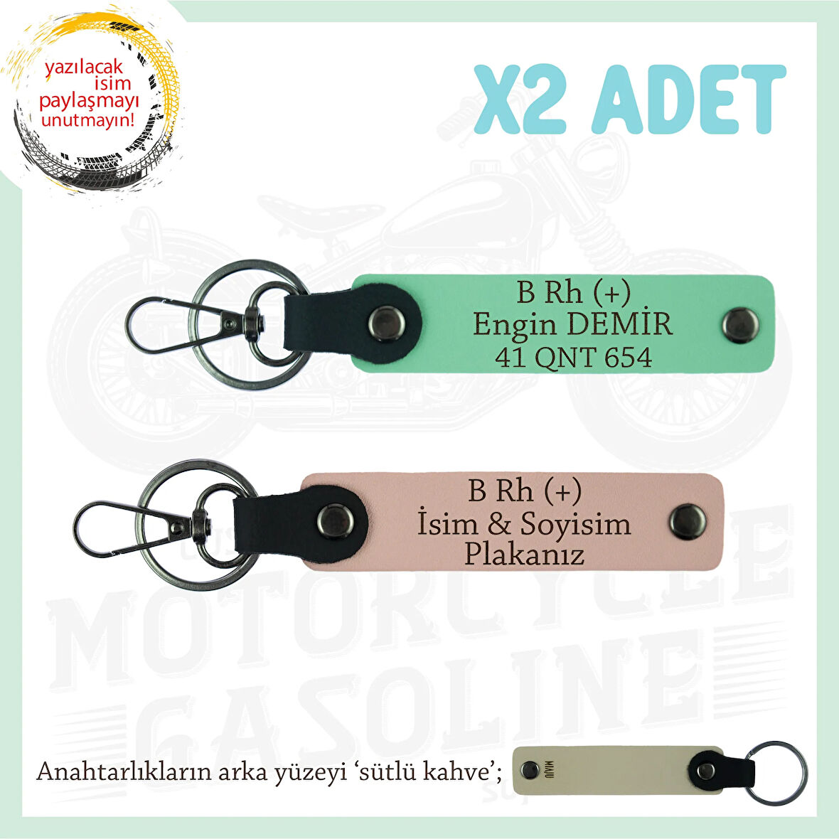 Motor Severlere Özel İsim Plaka, B+ Kan Grubu Yazılı Özel Tasarım x2 Anahtarlık, Yavruağzı-Yeşil-SK