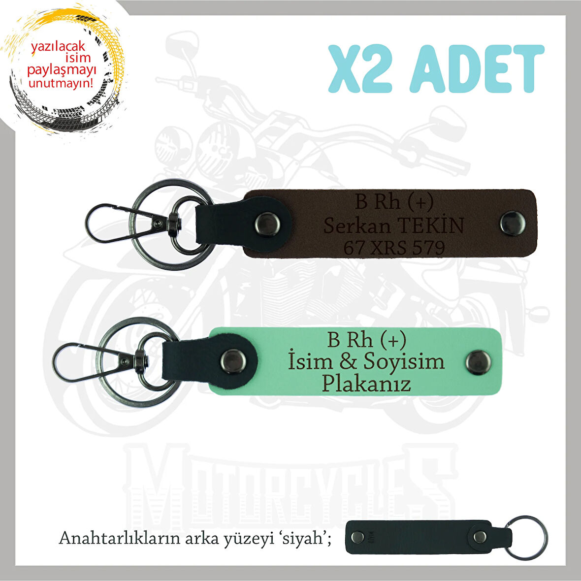 Motor Tutkunlarına Özel, İsim Plaka ve B Rh (+) Kan Grubu Yazılı x2 Anahtarlık, Yeşil-K Kahve-Syh