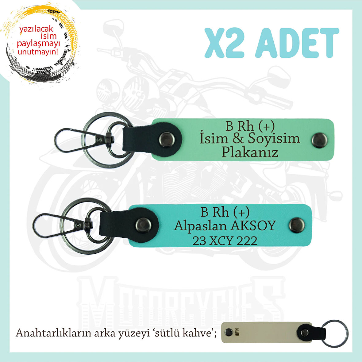 Motor Severlere Özel, İsim Plaka ve B Rh (+) Kan Grubu Yazılı x2 Anahtarlık Takım, Yeşil-Turkuaz-SK