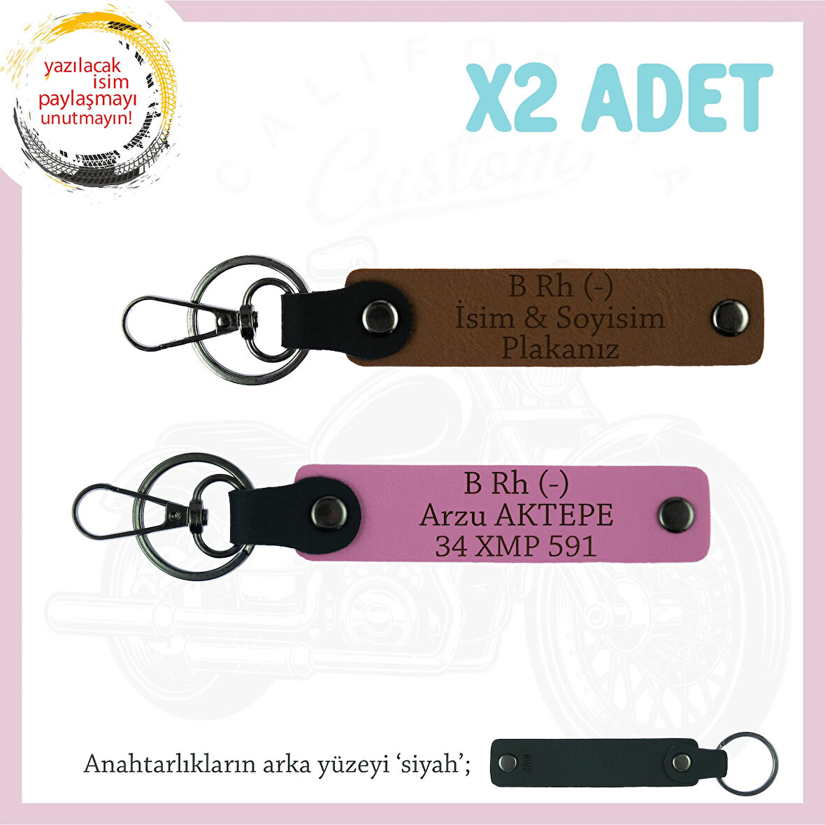 Motosiklet Aşıkları İçin İsim Plaka ve B (-) Kan Grubu Yazılı Kişisel x2 Anahtarlık, Kahve-Pembe-Syh