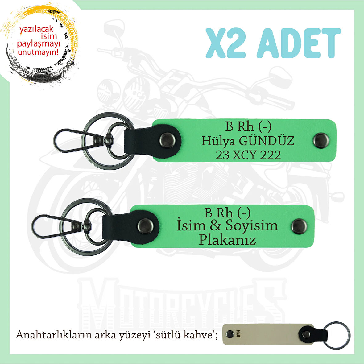 Motosiklet Tutkunlarına, İsim Plaka ve B (-) Kan Grubu Yazılı Acil Durum x2 Anahtarlık, F Yeşil-SK