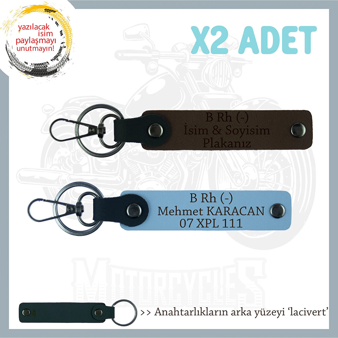 Paket Dağıtıcılarına, İsim Plaka ve B Rh (-) Kan Grubu Yazılı, x2' li Anahtarlık, K Kahve-Mavi-Laci