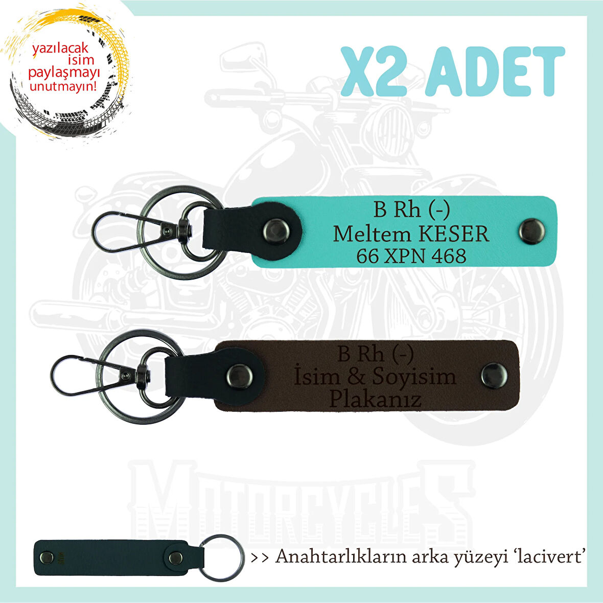 Motor Severlere, İsim Plaka ve B Rh (-) Kan Grubu Yazılı x2 Anahtarlık, Anı, K Kahve-Turkuaz-Laci