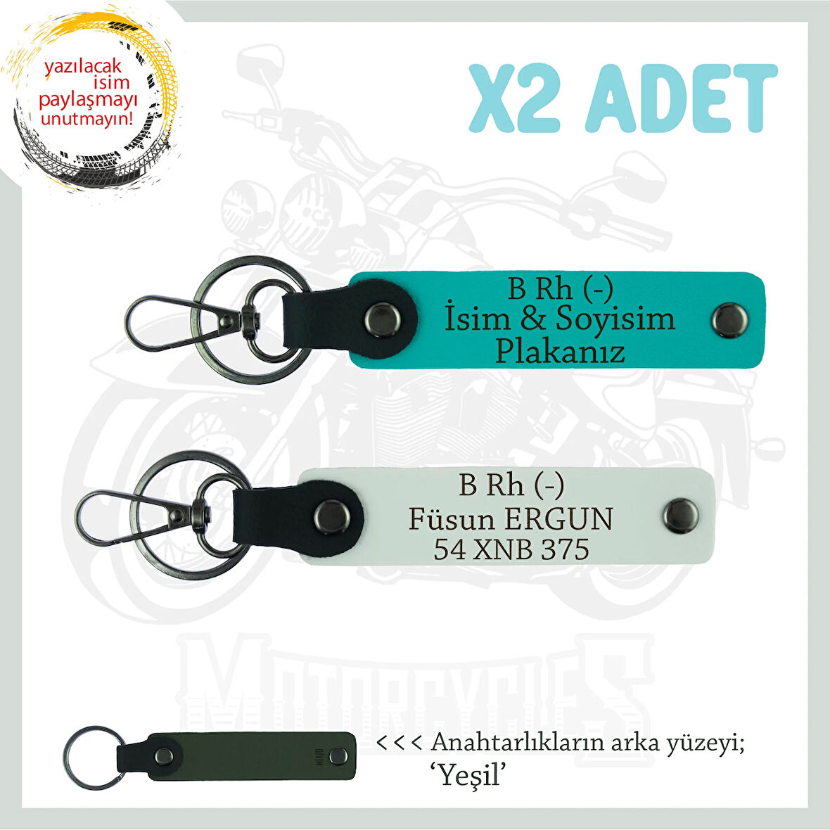 Hız Aşıkları İçin, İsim Plaka ve B Rh (-) Kan Grubu Yazılı Özel x2 Anahtarlık, K Turkuaz-Beyaz-Ysl