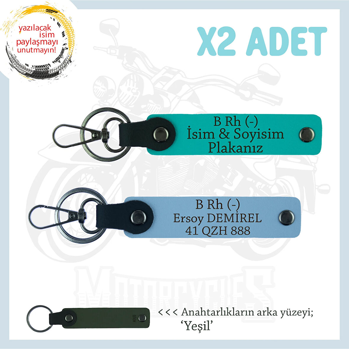 Yolların Sürücülerine İsim Plaka ve B Rh (-) Kan Grubu Yazılı x2 Deri Anahtarlık, K Turkuaz-Mavi-Ysl
