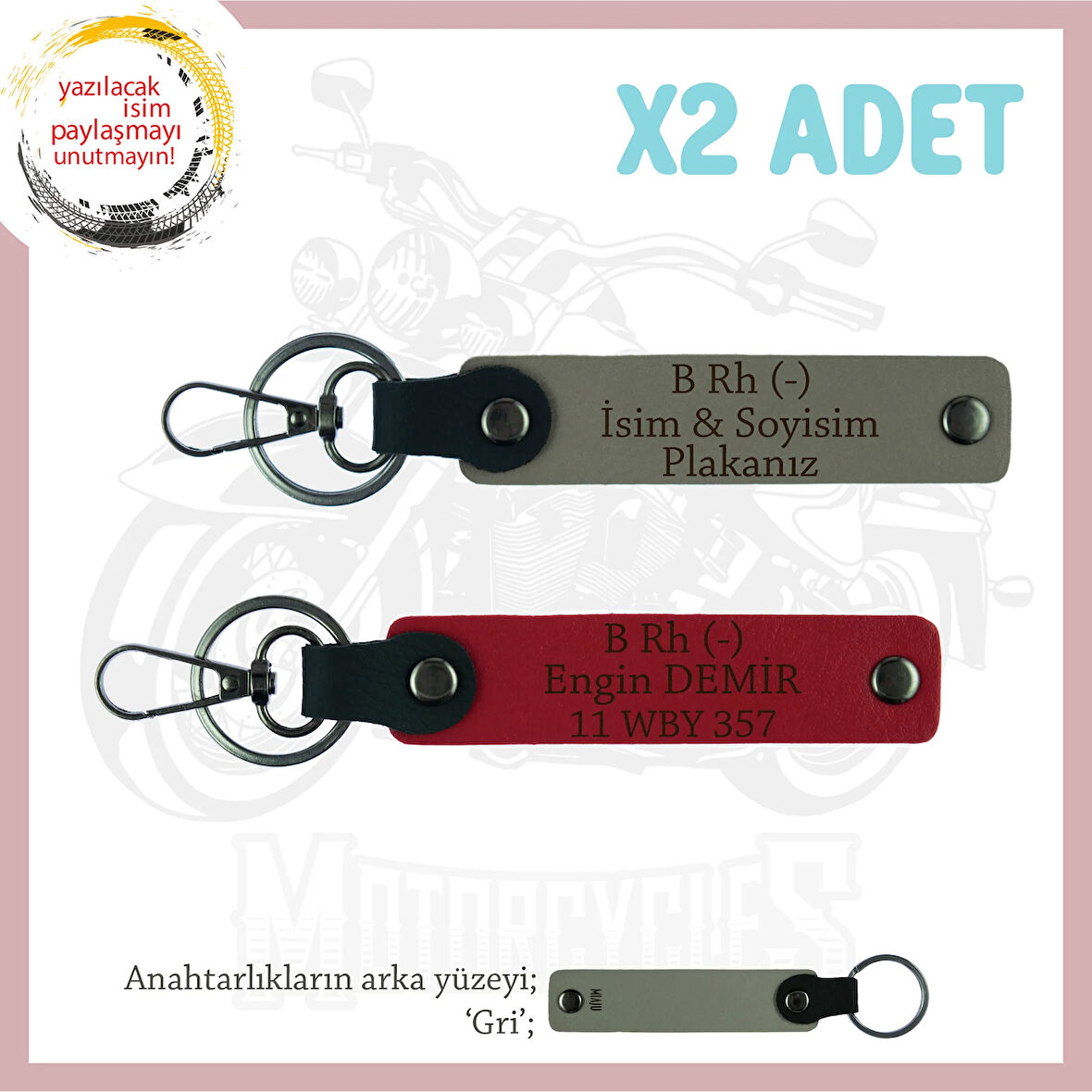 Bikerlar İçin Özel, İsim Plaka ve B Rh (-) Kan Grubu, Hediye x2 Anahtarlık Set, Kül Gri-Kırmızı-Gr