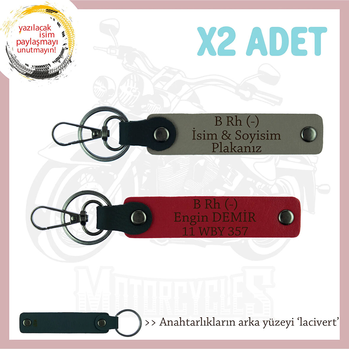 Bikerlar İçin İsim Plaka ve B Rh (-) Kan Grubu Yazılı Hediye x2 Anahtarlık Set, Kül Gri-Kırmızı-Laci