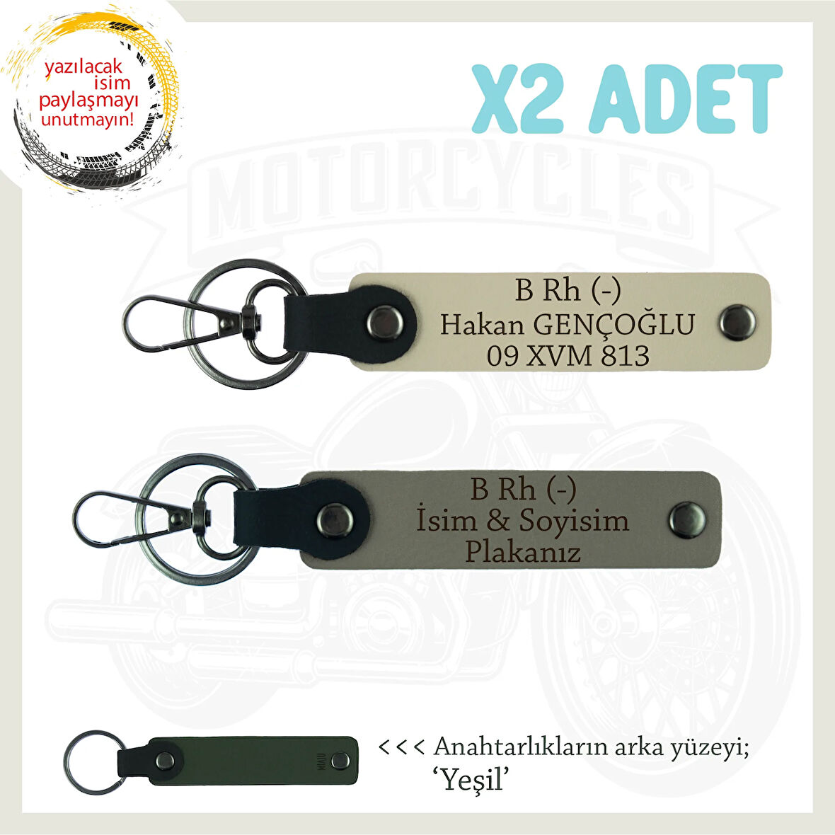 Motor Severlere Özel, İsim Plaka ve B Rh (-) Kan Grubu Yazılı x2 Anahtarlık Set, Kül Gri-S Kahve-Ysl