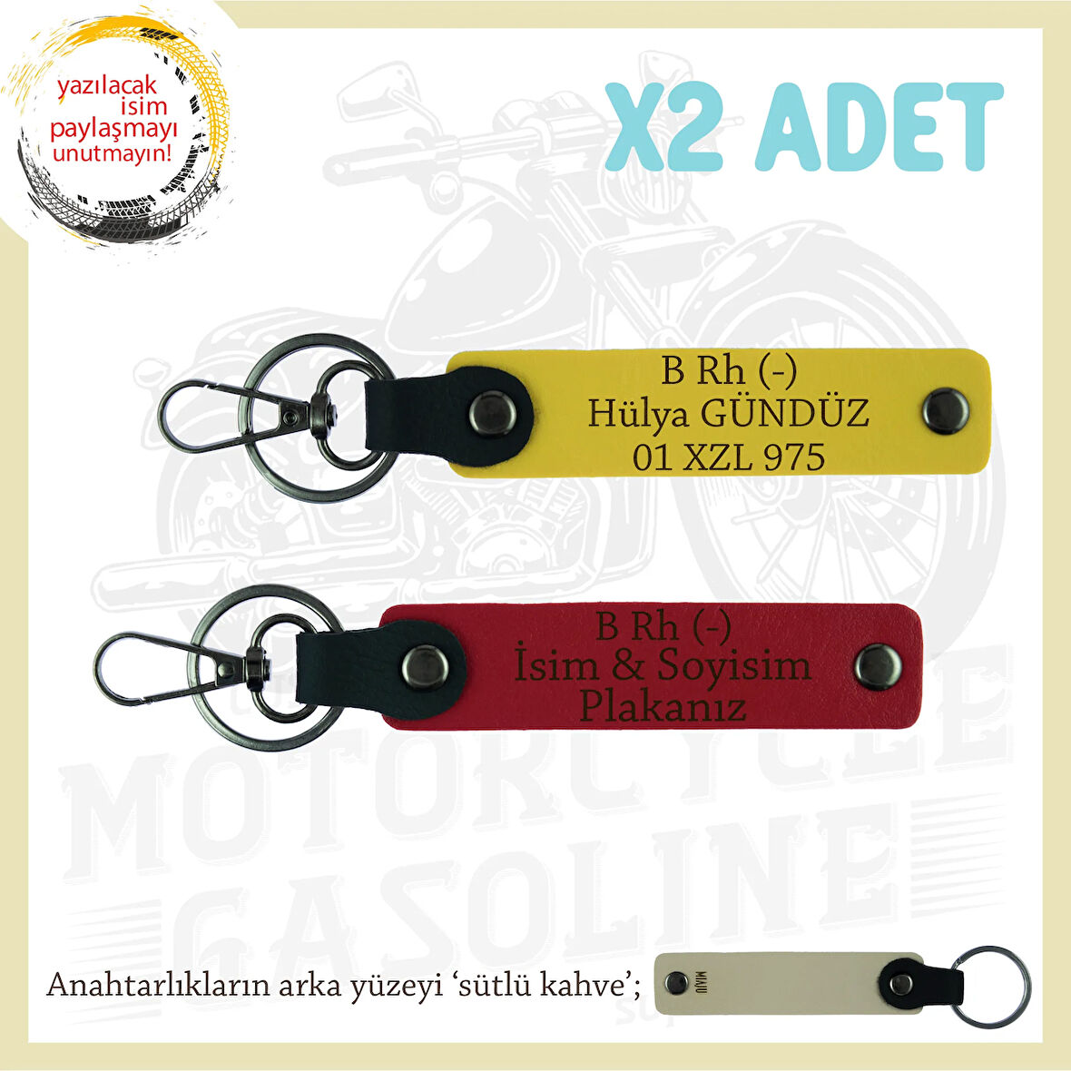 Motor Severlere Özel, İsim Plaka ve B Rh (-) Kan Grubu Yazılı Hediye x2 Anahtarlık, Kırmızı-Sarı-SK