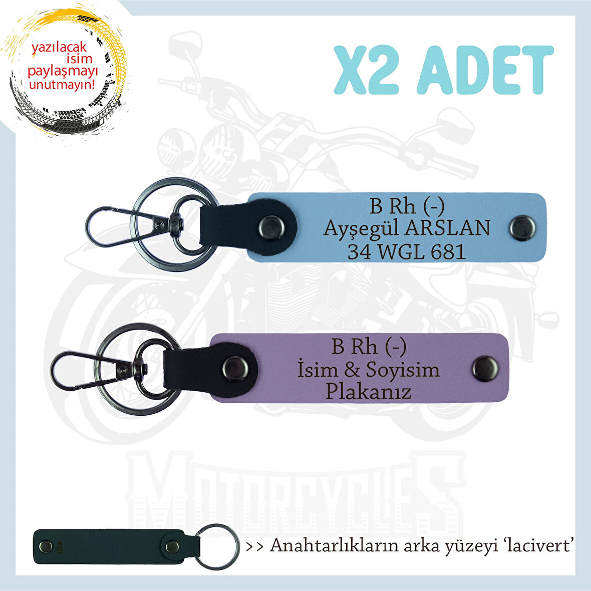 Hız Severlere Özel Süpriz, İsim Plaka ve B Rh (-) Kan Grubu Yazılı x2 Anahtarlık Set, Mor-Mavi-Laci