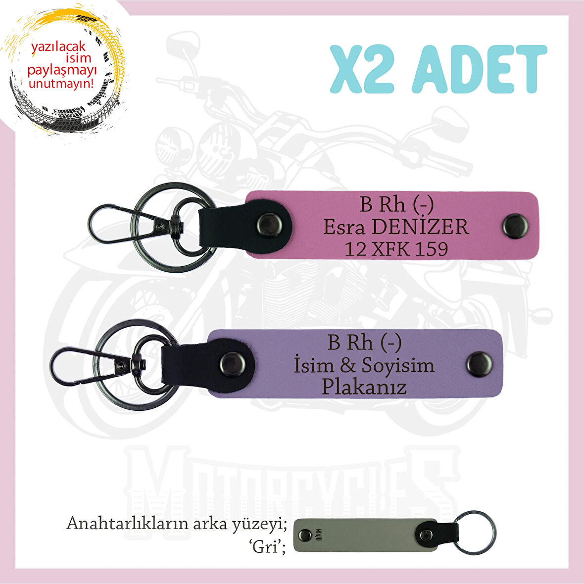 Motor Severlere Özel, İsim Plaka, B Rh (-) Kan Grubu Yazılı Özel Tasarım x2 Anahtarlık, Mor-Pembe-Gr
