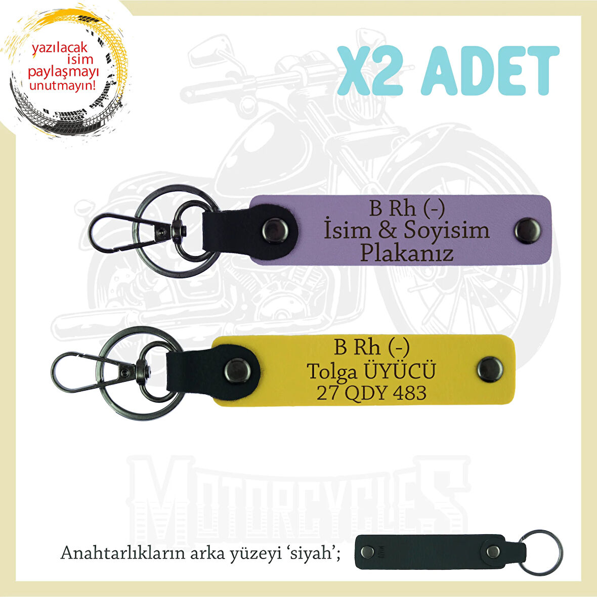 Hız Tutkunlarına Özel, İsim Plaka ve B Rh (-) Kan Grubu Yazılı Deri x2' li Anahtarlık, Mor-Sarı-Syh