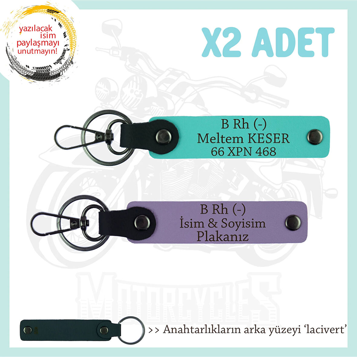 Motosiklet Aşıkları, İsim Plaka ve B Rh (-) Kan Grubu Acil Durum x2' li Anahtarlık, Mor-Turkuaz-Laci