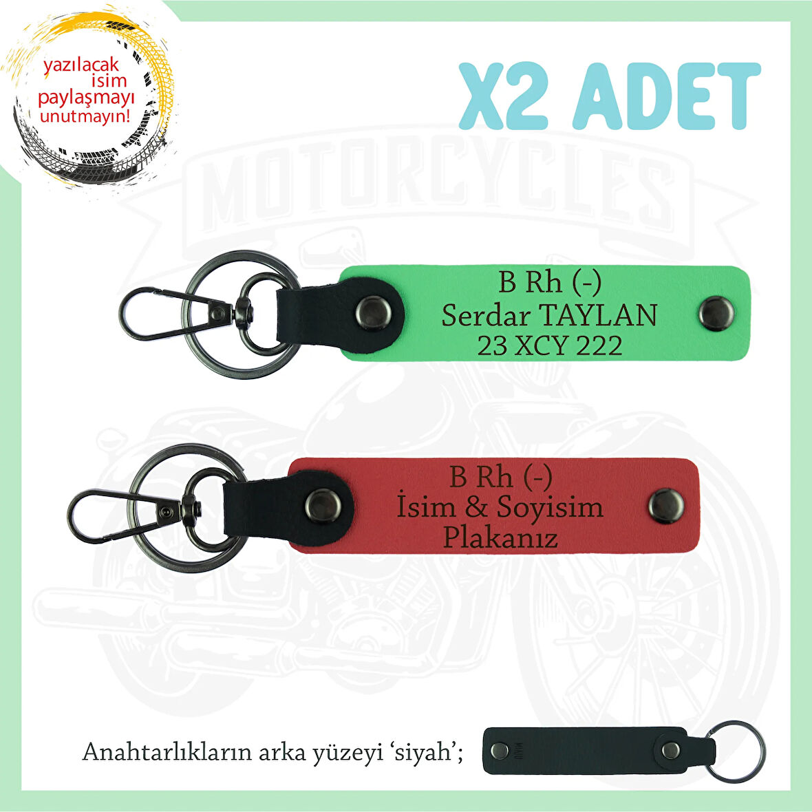 Motosiklet Severlere, İsim Plaka ve B Rh (-) Kan Grubu Yazılı x2 Anahtarlık, Nar Çiçeği-F Yeşil-Syh