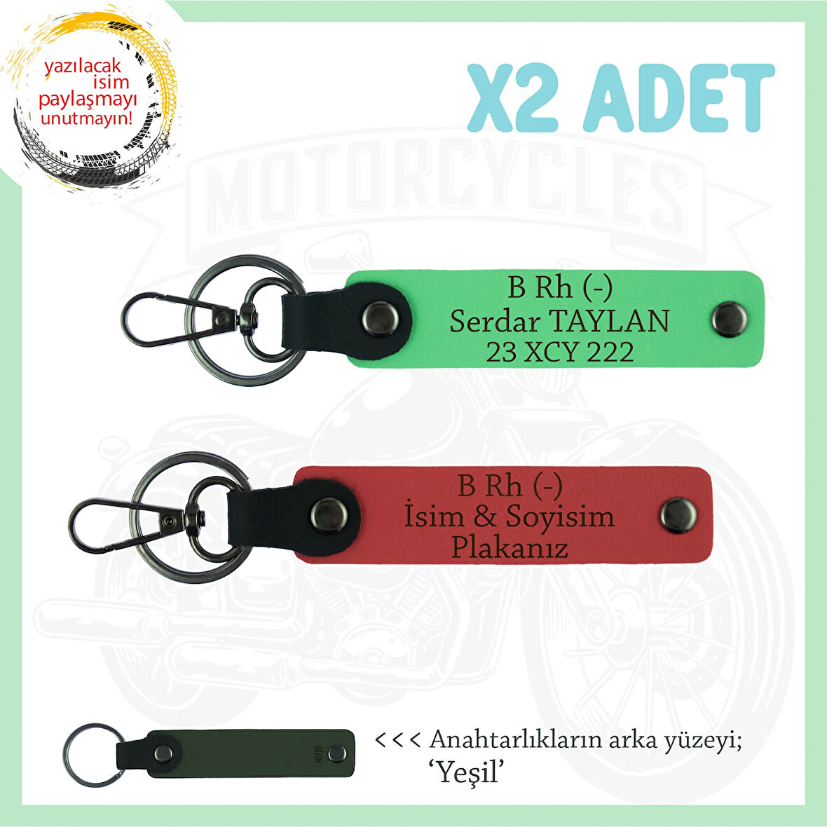 Motosiklet Severlere, İsim Plaka ve B Rh (-) Kan Grubu Yazılı x2 Anahtarlık, Nar Çiçeği-F Yeşil-Ysl