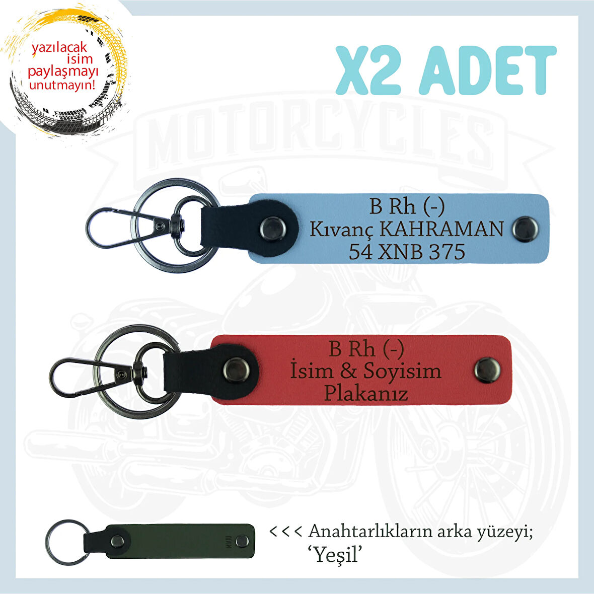 Yol Arkadaşları İçin, İsim Plaka ve B- Kan Grubu Kişiye Özel x2 Anahtarlık Set, Nar Çiçeği-Mavi-Ysl