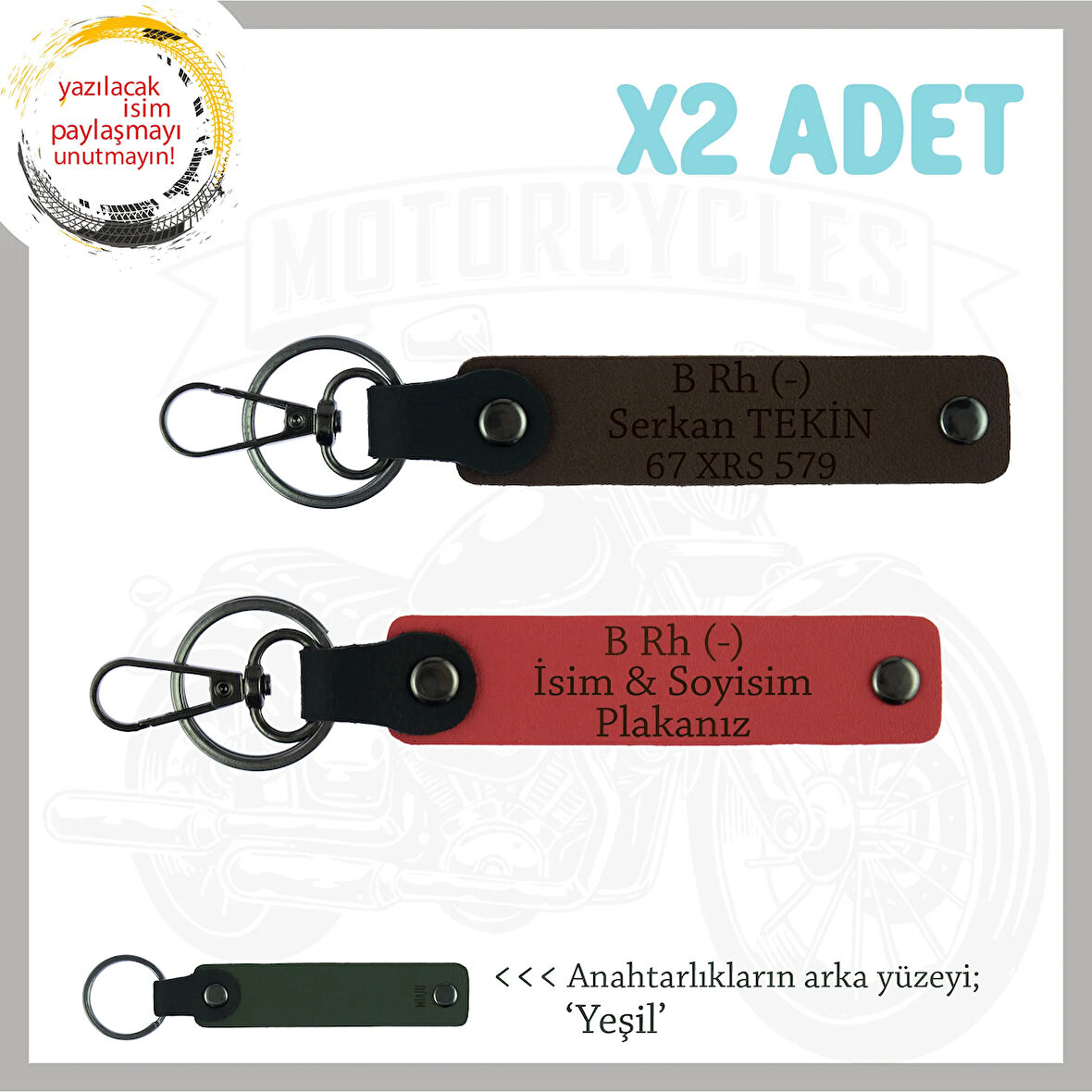Motor Severlere Özel, İsim Plaka ve B Rh (-) Kan Grubu Yazılı x2 Anahtarlık, Nar Çiçeği-K Kahve-Ysl