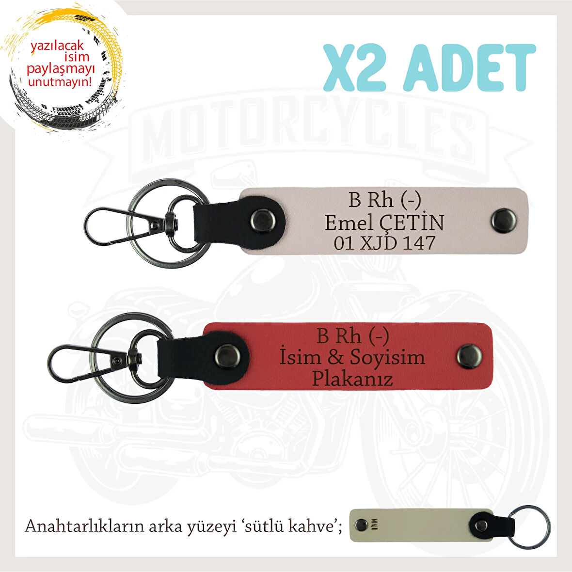 Motor Tutkunlarına Özel, İsim Plaka ve B Rh (-) Kan Grubu Yazılı x2 Anahtarlık, Nar Çiçeği-Pudra-SK