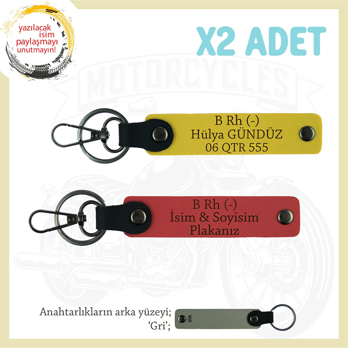 Bikerlar İçin İsim Plaka ve B Rh (-) Kan Grubu Yazılı Hediye Deri x2 Anahtarlık, Nar Çiçeği-Sarı-Gr
