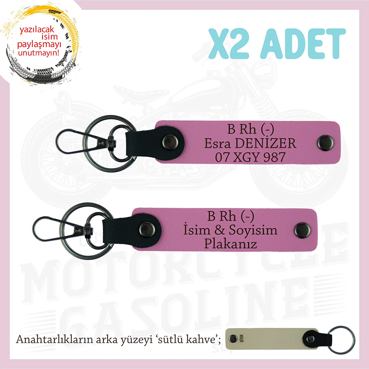 Yol Tutkunlarına Özel, İsim Plaka ve B Rh (-) Kan Grubu Yazılı Deri x2 Anahtarlık Hediye, Pembe-SK