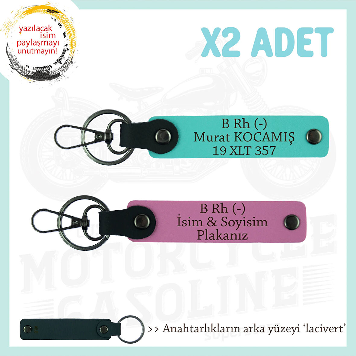 Macera Aşıklarına Özel, İsim Plaka ve B Rh (-) Kan Grubu Yazılı x2 Anahtarlık, Pembe-Turkuaz-Laci