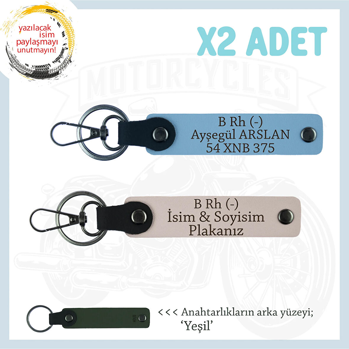 Motorcu Tarzına Özel İsim Plaka ve B Rh (-) Kan Grubu Yazılı Hediyelik x2 Anahtarlık, Pudra-Mavi-Ysl