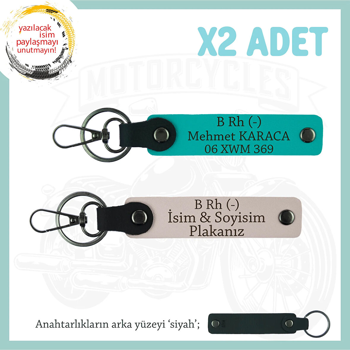 Yol Arkadaşlarına Özel, İsim Plaka ve B Rh (-) Kan Grubu  2'li Anahtarlık Takım, Pudra-K Turkuaz-Syh