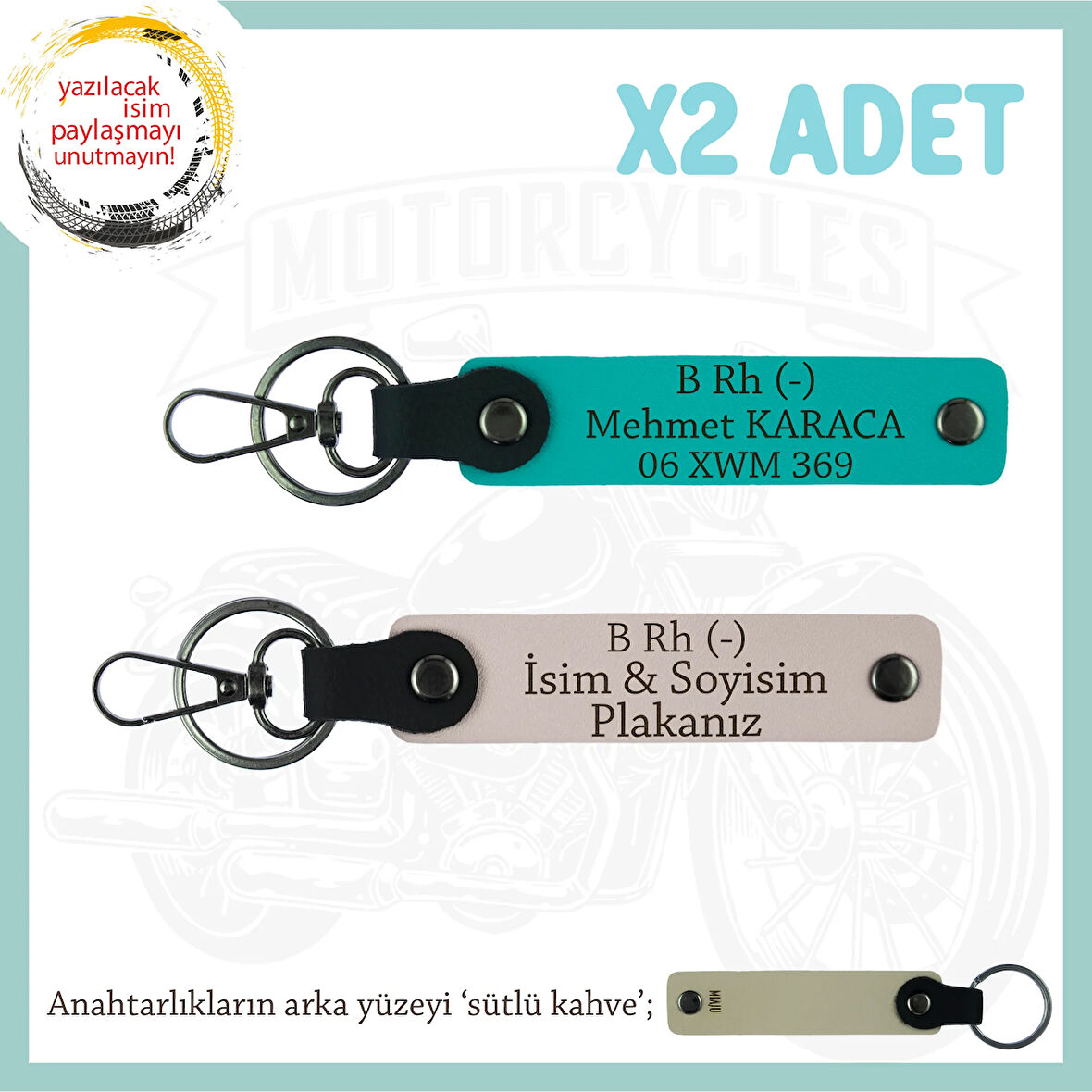 Yol Arkadaşına Özel Hediye İsim Plaka ve B Rh (-) Kan Grubu Yazılı x2 Anahtarlık, Pudra-K Turkuaz-SK
