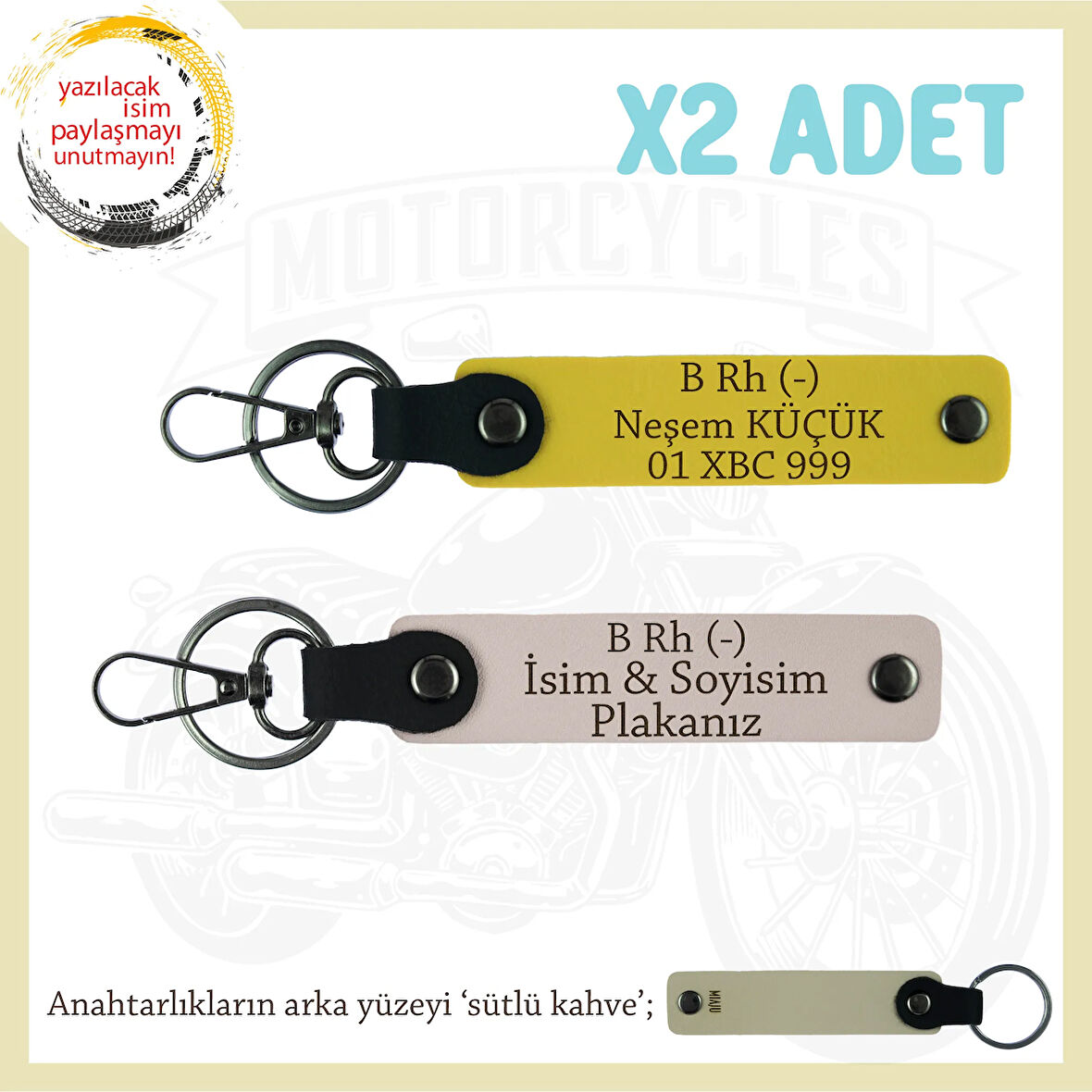 Şöförlere, İsim Plaka ve B Rh (-) Kan Grubu Yazılı Hediyelik Deri x2' li Anahtarlık, Pudra-Sarı-SK