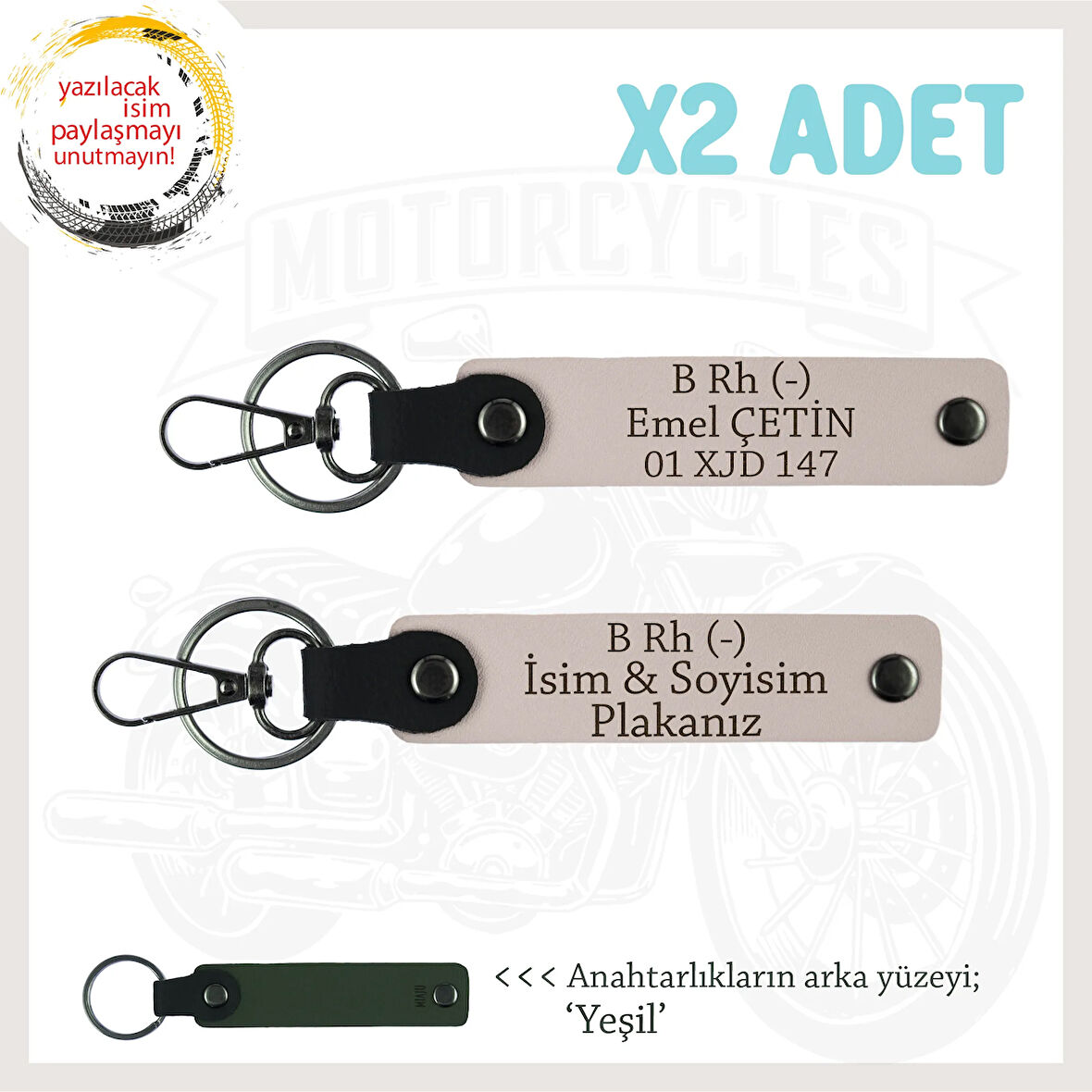 Motosiklet Maceracılarına İsim Plaka ve B Rh (-) Kan Grubu Yazılı Deri x2 Anahtarlık Seti, Pudra-Ysl