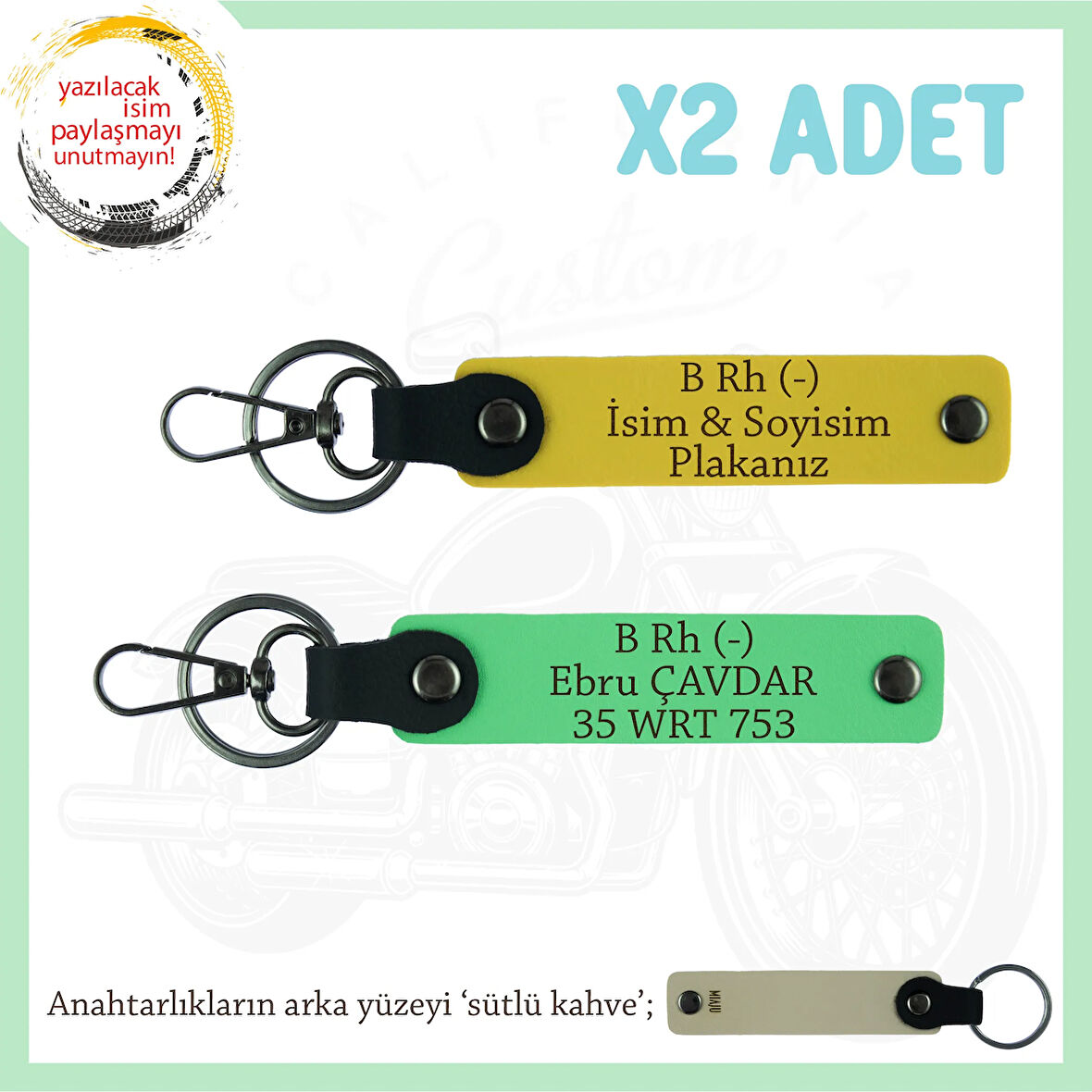 Bikerlar İçin Özel, İsim Plaka ve B Rh (-) Kan Grubu Yazılı Hediyelik x2 Anahtarlık, Sarı-F Yeşil-SK