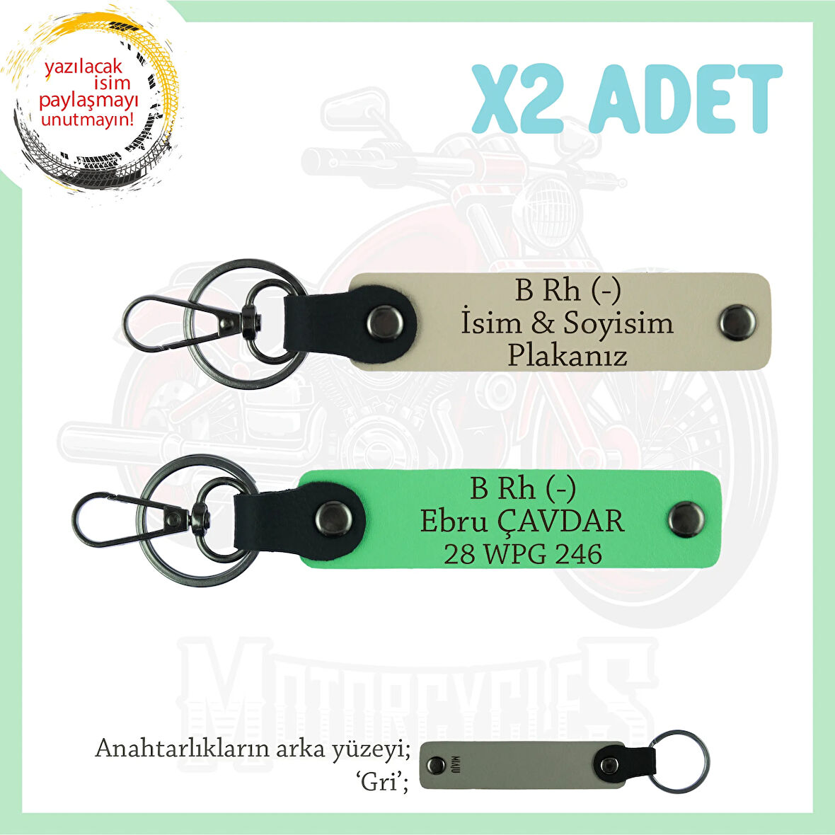 Motorcu Tarzı Plakalı & İsimli Deri x2' li Anahtarlık,  B Rh (-) Kan Grubu ile, S Kahve-F Yeşil-Gr