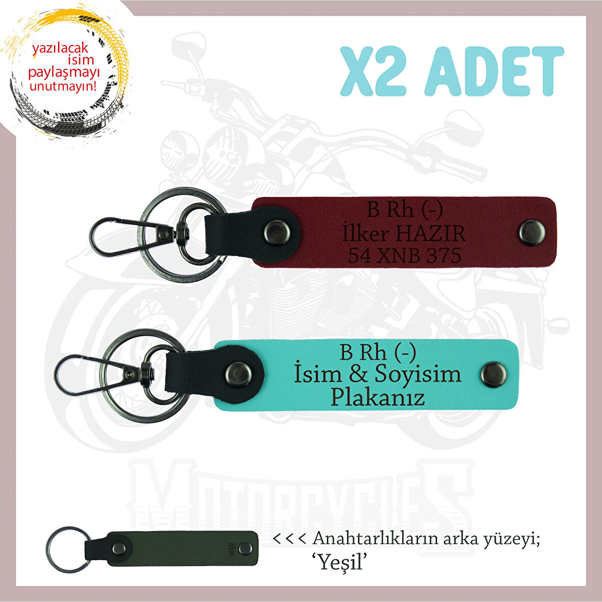 Motor Tutkunlarına Özel Armağan, İsim Plaka ve B- Kan Grubu Yazılı x2 Anahtarlık, Turkuaz-Bordo-Ysl