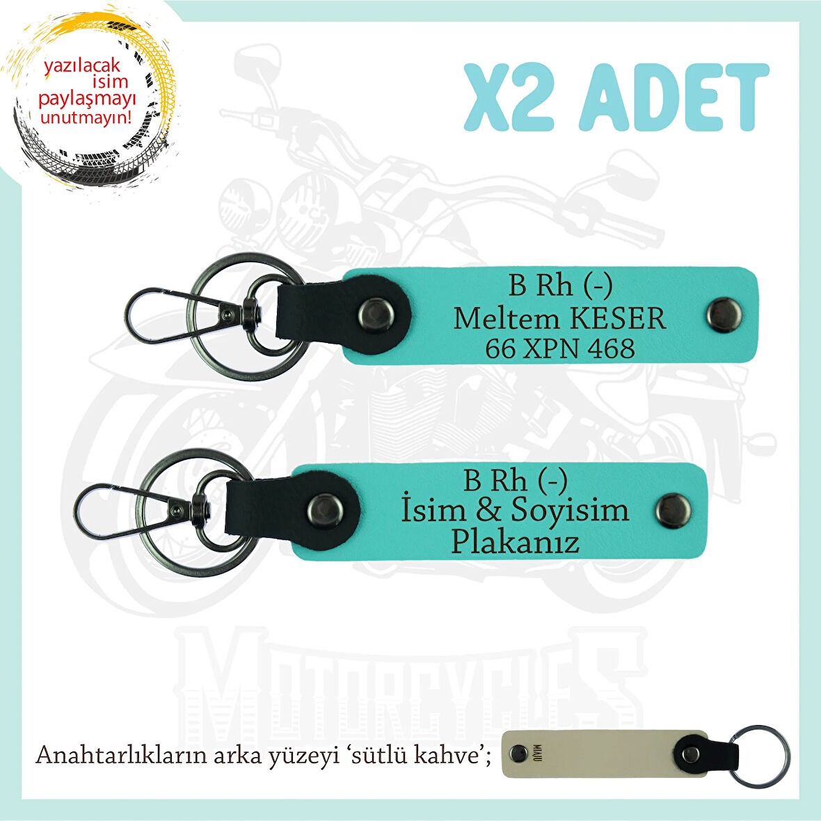 Motor Plakan, İsmin Anahtarlığında! İsim Plaka, B Rh (-) Kan Grubu Yazılı x2 Anahtarlık, Turkuaz-SK