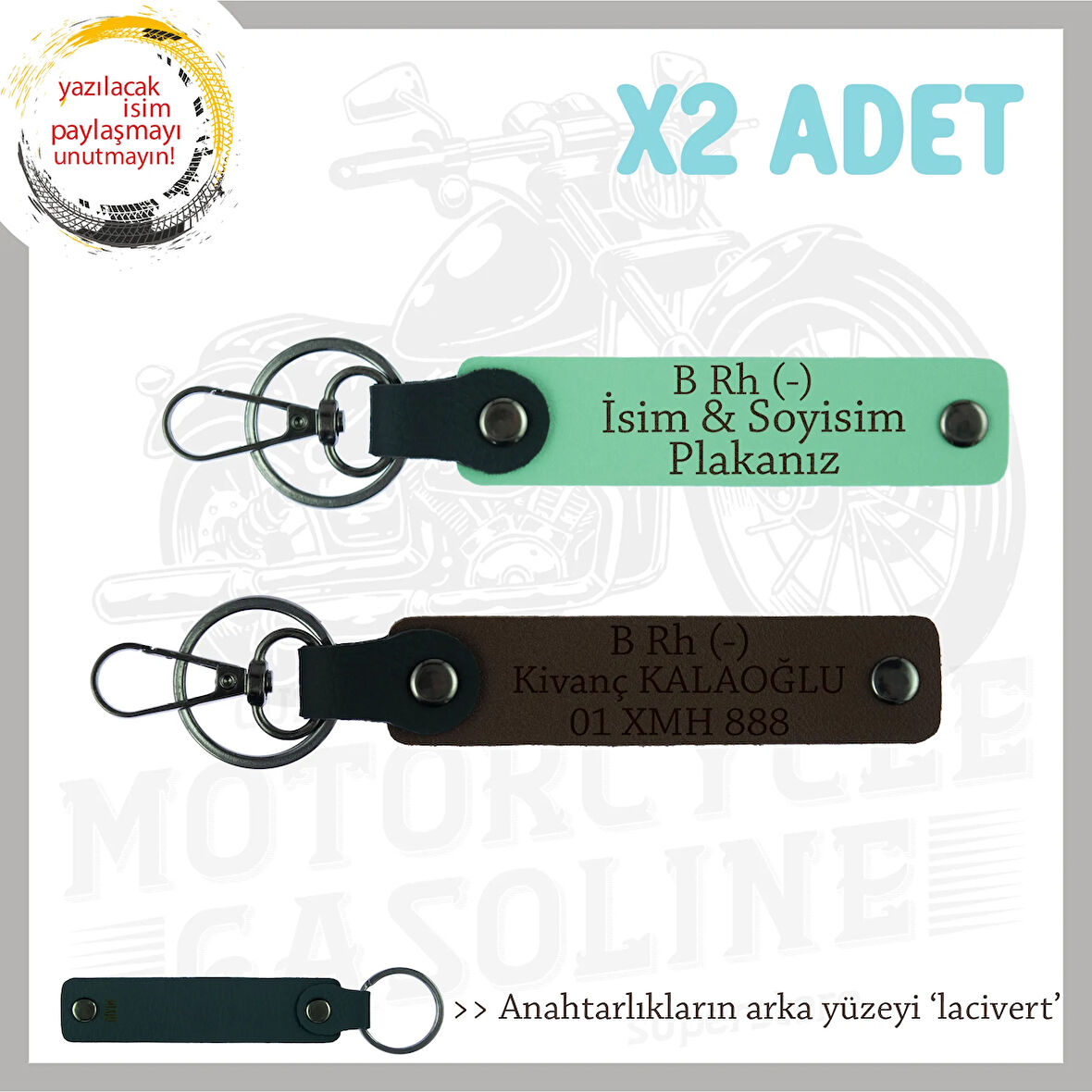 Motor Tutkunlarına Özel, İsim Plaka ve B Rh (-) Kan Grubu Yazılı x2 Anahtarlık, Yeşil-K Kahve-Laci