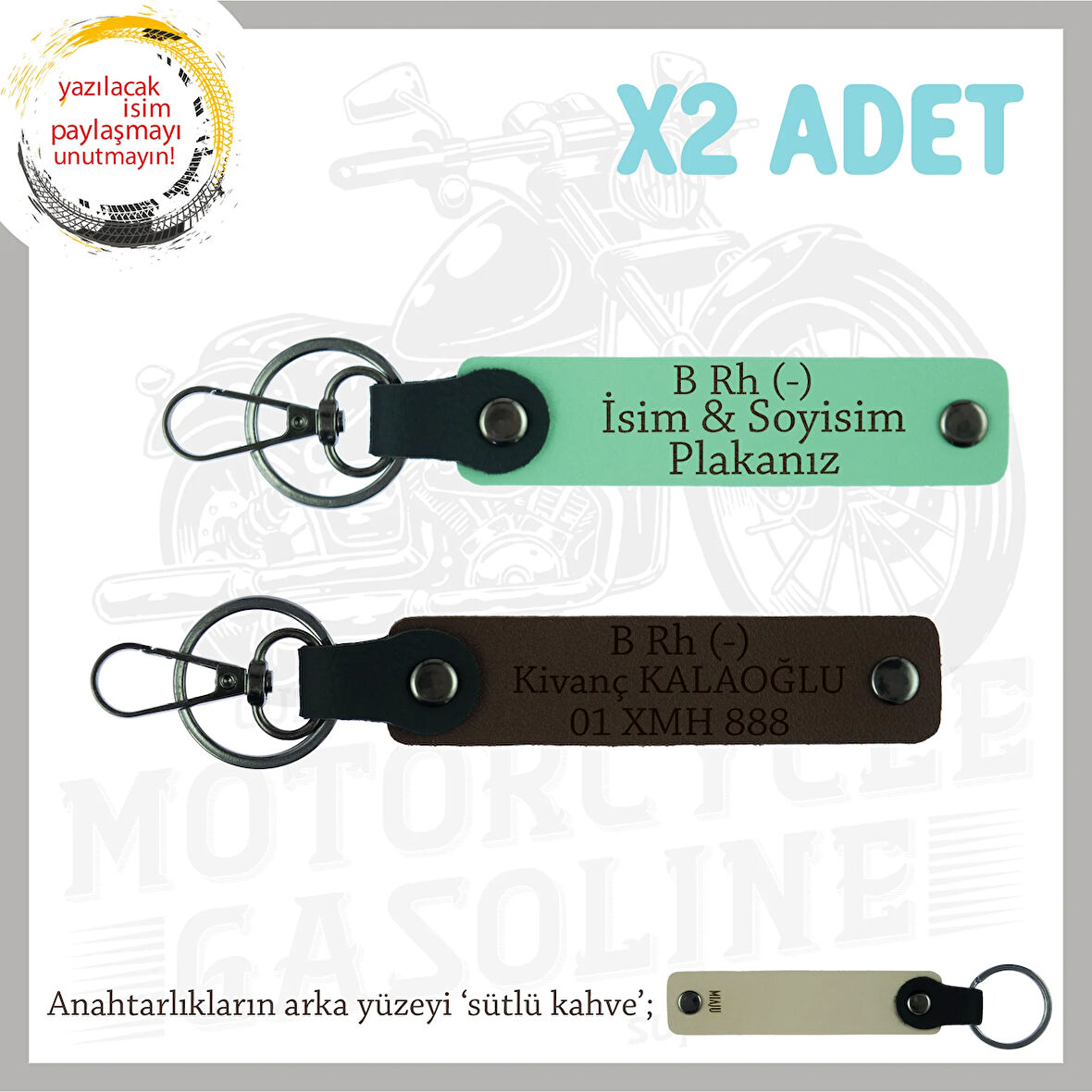 Motor Tutkunlarına Özel, İsim Plaka ve B Rh (-) Kan Grubu Yazılı x2 Anahtarlık, Yeşil-K Kahve-SK