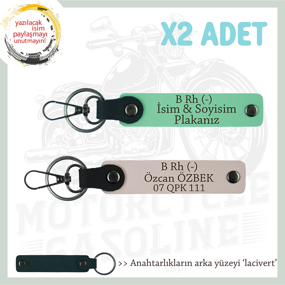 Sürücülere Özel, İsim Plaka ve B Rh (-) Kan Grubu Hediyelik x2' li Anahtarlık Set, Yeşil-Pudra-Laci