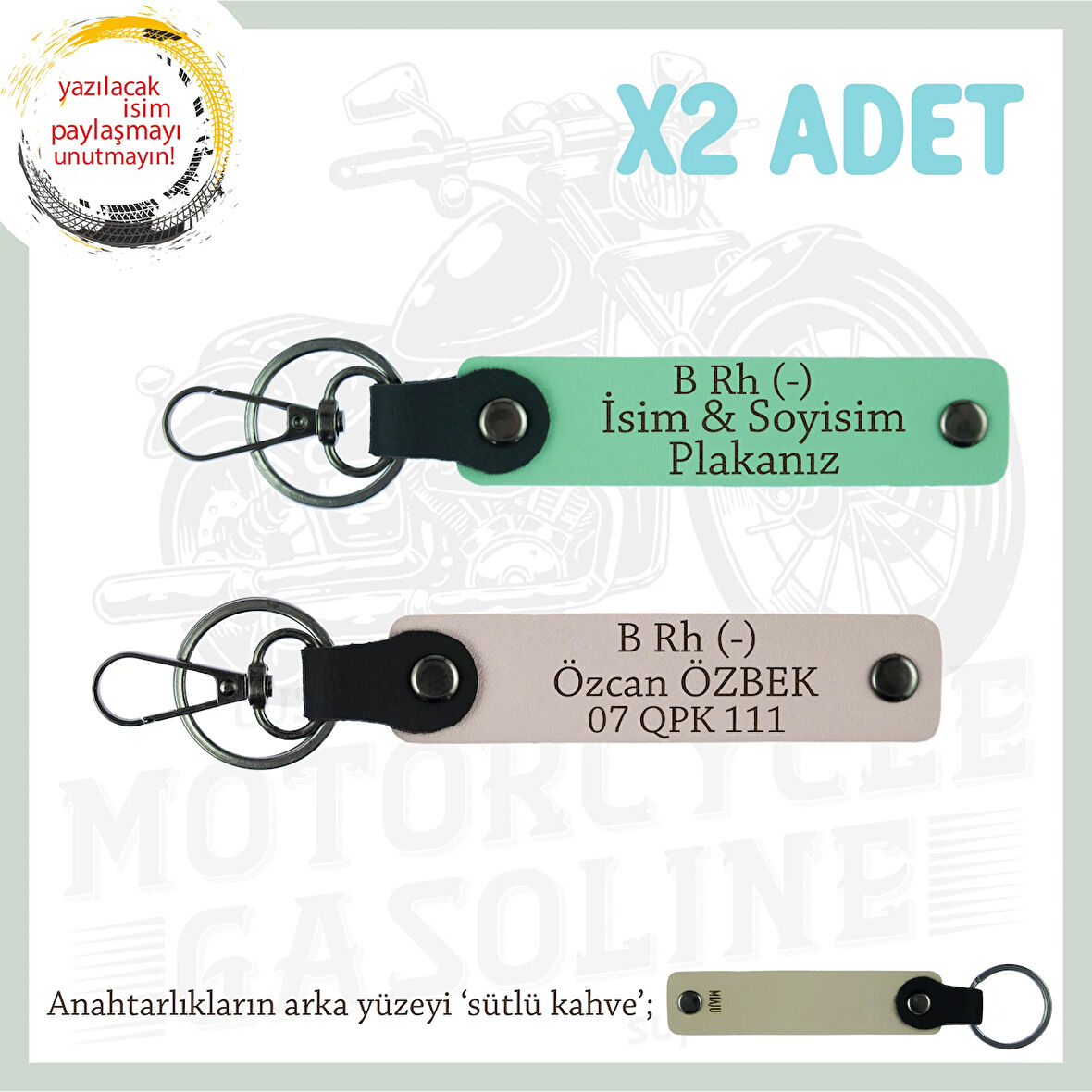 Motorcu Tarzına, İsim Plaka ve B Rh (-) Kan Grubu Yazılı Hediyelik x2 Anahtarlık Set, Yeşil-Pudra-SK