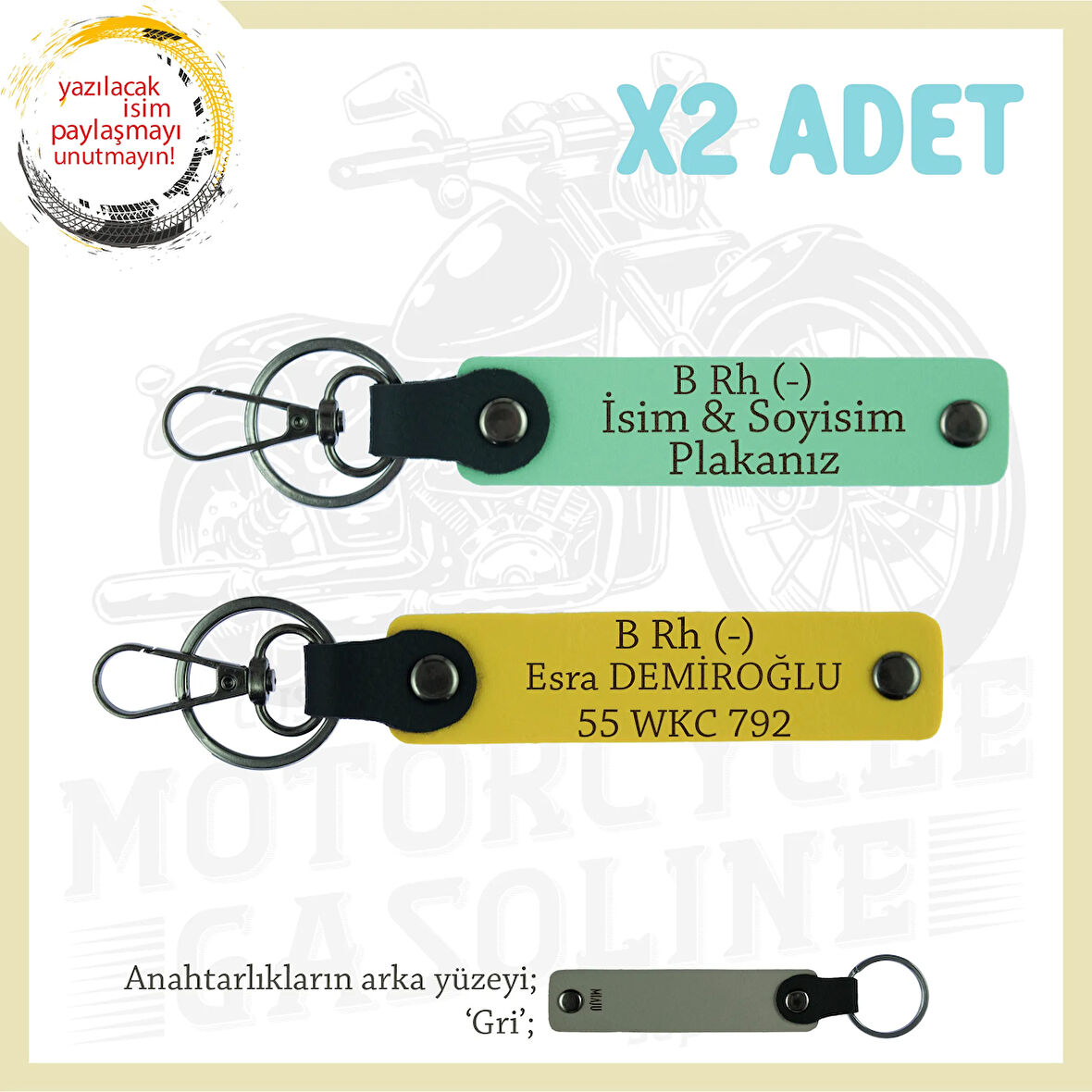 Motosiklet Severlere Özel, İsim Plaka ve B Rh (-) Kan Grubu Yazılı x2 Anahtarlıkları, Yeşil-Sarı-Gr